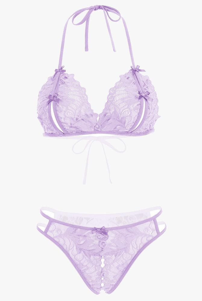 Avidlove purple lace halter bra and panty set. Floral lace details, sexy lingerie, 2-piece set.