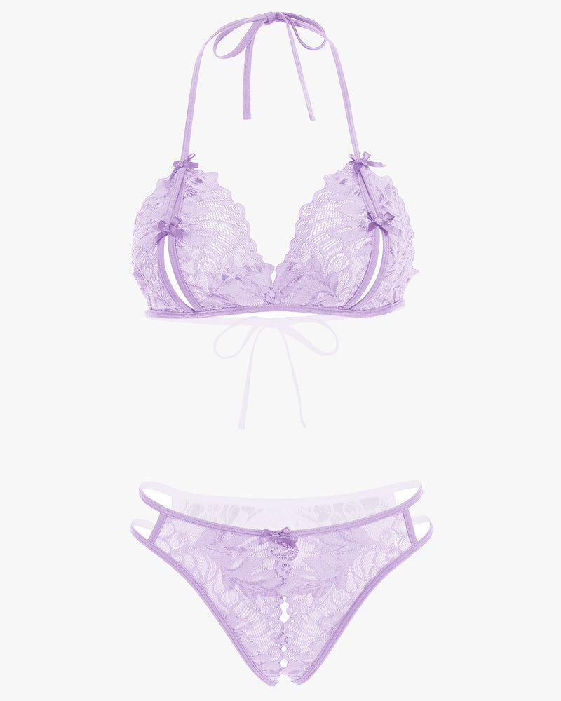 Avidlove purple lace halter bra and panty set. Floral lace details, sexy lingerie, 2-piece set.
