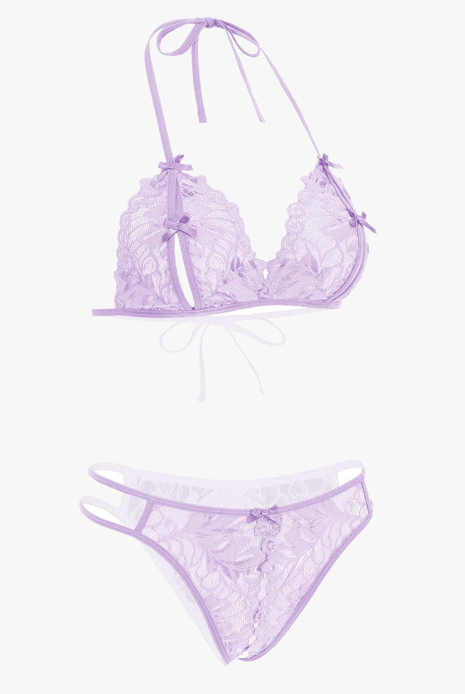 Lavender lace halter bra and panty set with bows, playful and flirtatious lingerie, two piece set