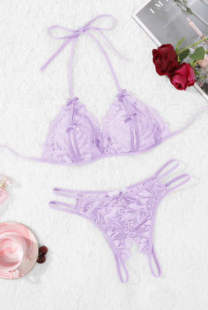 Avidlove lavender lace halter bra and panty set. Halter tie, floral lace details, 2-piece.