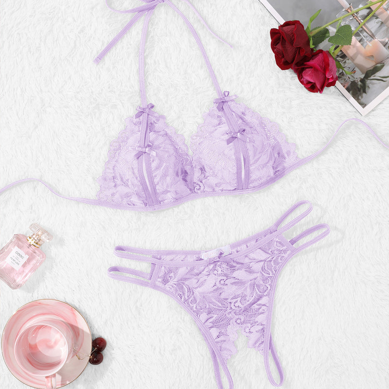 Avidlove lavender lace halter bra and panty set. Halter tie, floral lace details, 2-piece.