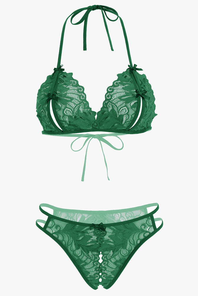 Green Avidlove halter bra and panty set. Floral lace, halter tie design. Sexy lingerie, 2-piece set.