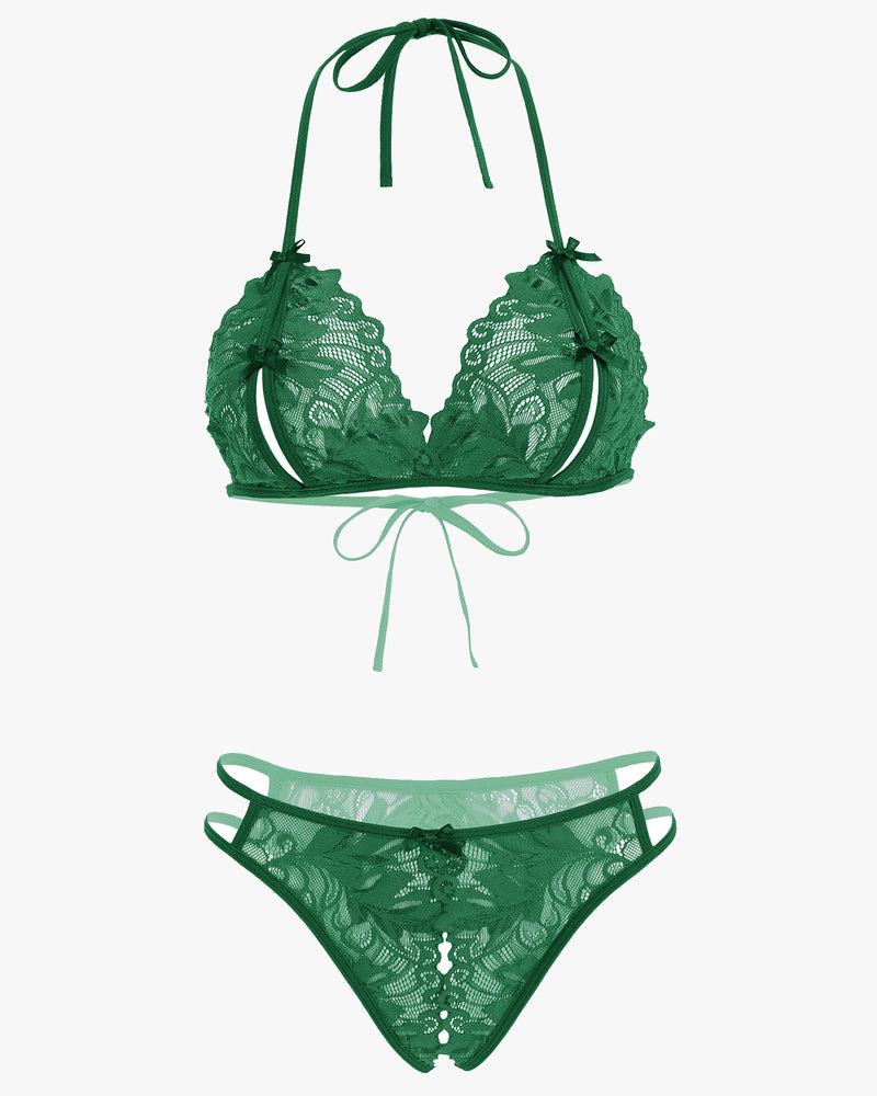 Green Avidlove halter bra and panty set. Floral lace, halter tie design. Sexy lingerie, 2-piece set.