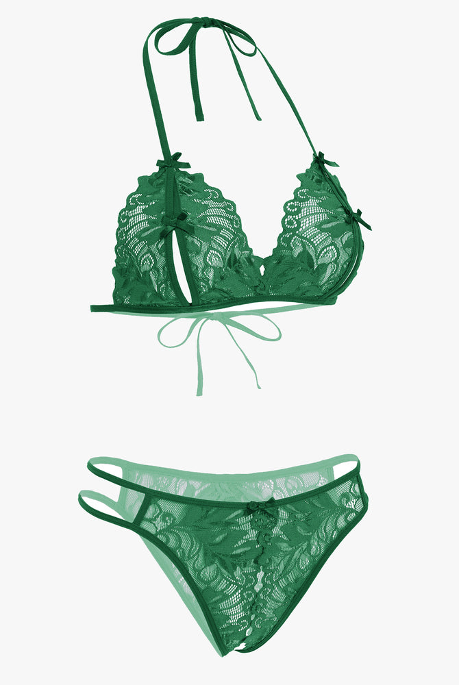 Avidlove green lace halter bra and panty set, halter tie, floral lace details, sexy lingerie