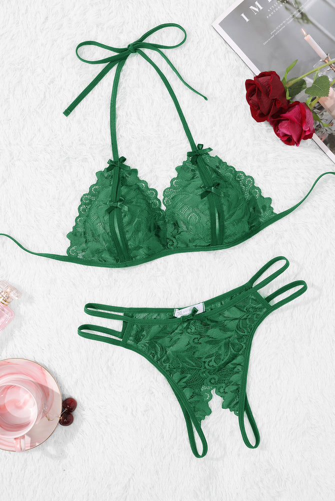 Green lace halter bra and panty set. Halter tie design, floral lace details, Avidlove sexy lingerie