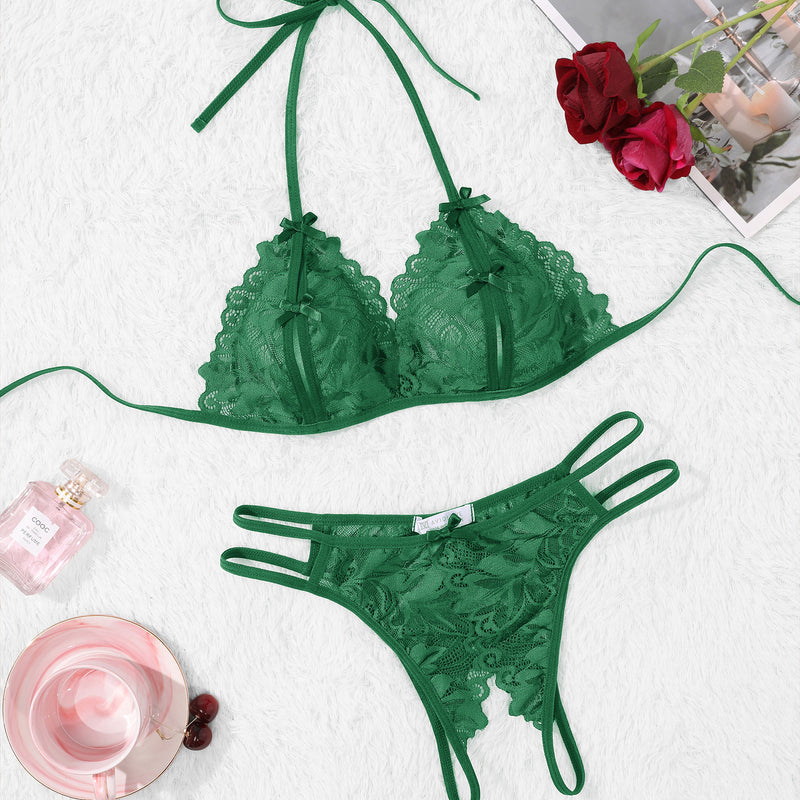 Green lace halter bra and panty set. Halter tie design, floral lace details, Avidlove sexy lingerie