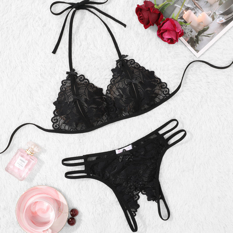 Avidlove black lace halter bra and panty set. Floral lace details, sexy lingerie design, 2-piece set