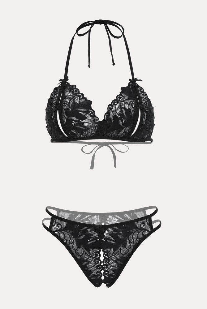 Avidlove black lace halter bra and panty set. Halter tie design, floral lace, 2-piece lingerie set.