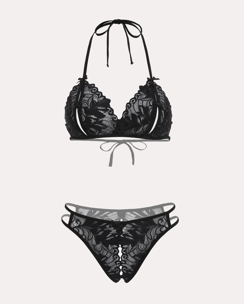 Avidlove black lace halter bra and panty set. Halter tie design, floral lace, 2-piece lingerie set.