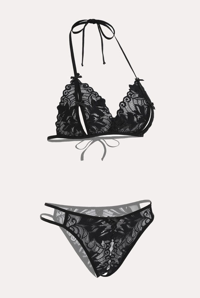 Avidlove black lace halter bra and panty set. Floral lace, halter tie design. 2-piece lingerie.