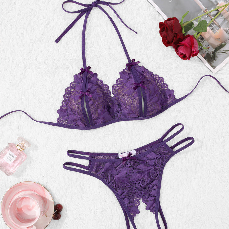 Avidlove purple lace halter bra & panty set. Floral design, halter tie. 2-piece lingerie.