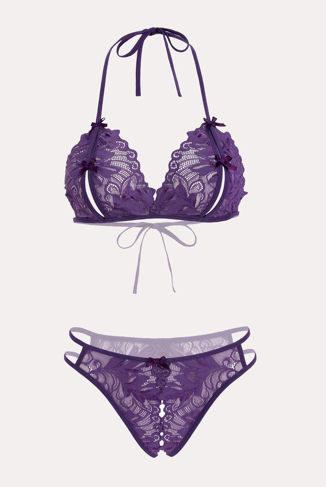 Avidlove purple lace halter bra and panty set. Halter neck design, floral lace, 2-piece lingerie.
