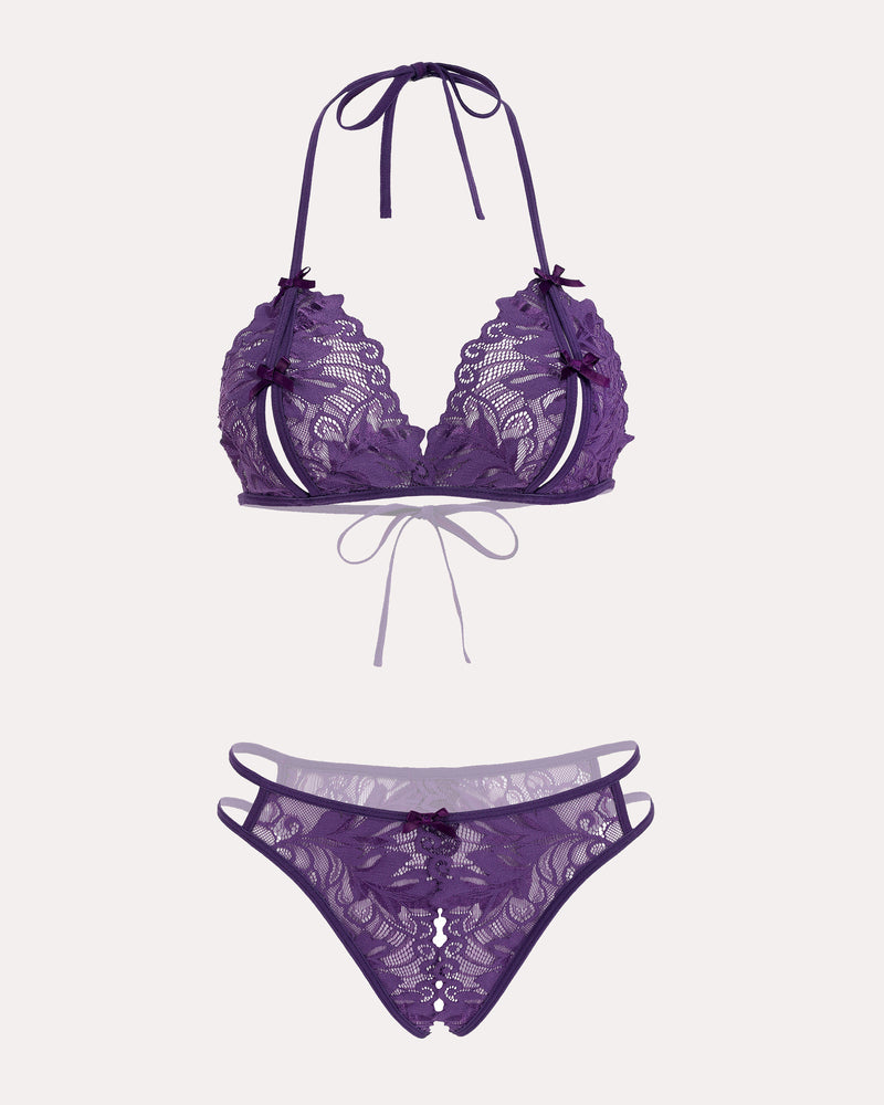 Avidlove purple lace halter bra and panty set. Halter neck design, floral lace, 2-piece lingerie.