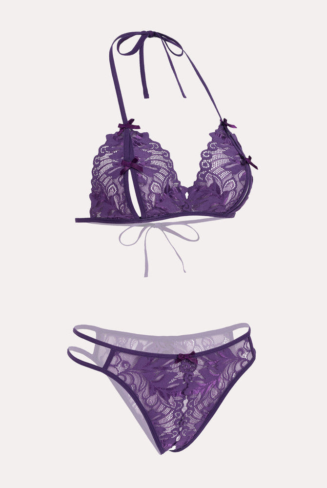 Purple lace halter bra and panty set with bows, designed for a playful and flirtatious look.