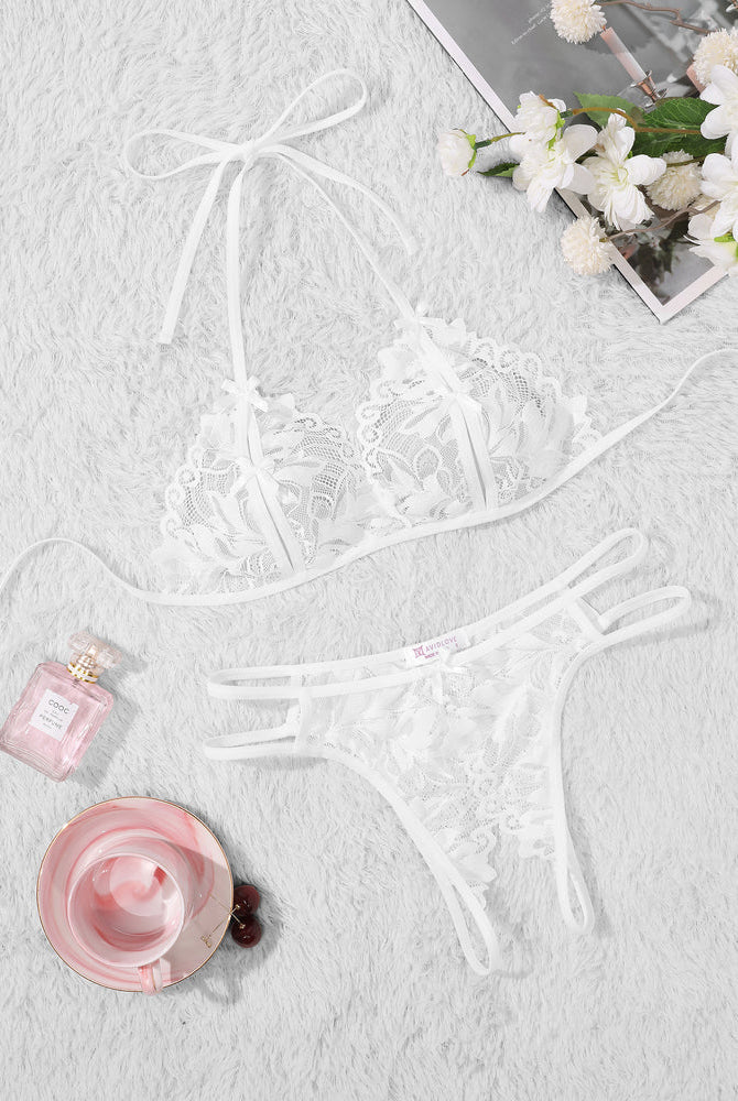 Avidlove white lace halter bra and panty set. 2-piece lingerie. Halter tie, floral design, sexy.