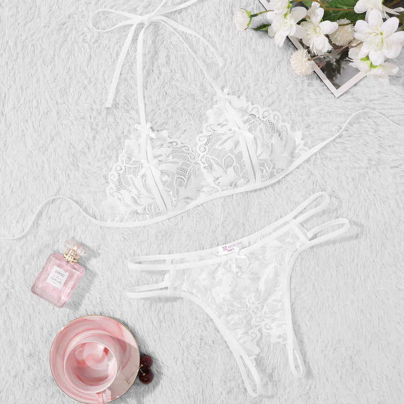 Avidlove white lace halter bra and panty set. 2-piece lingerie. Halter tie, floral design, sexy.