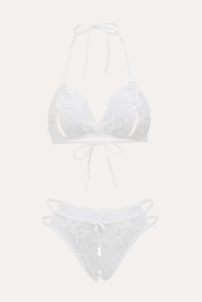 White lace Avidlove halter bra and panty set. Halter tie, floral lace design, 2-piece lingerie.