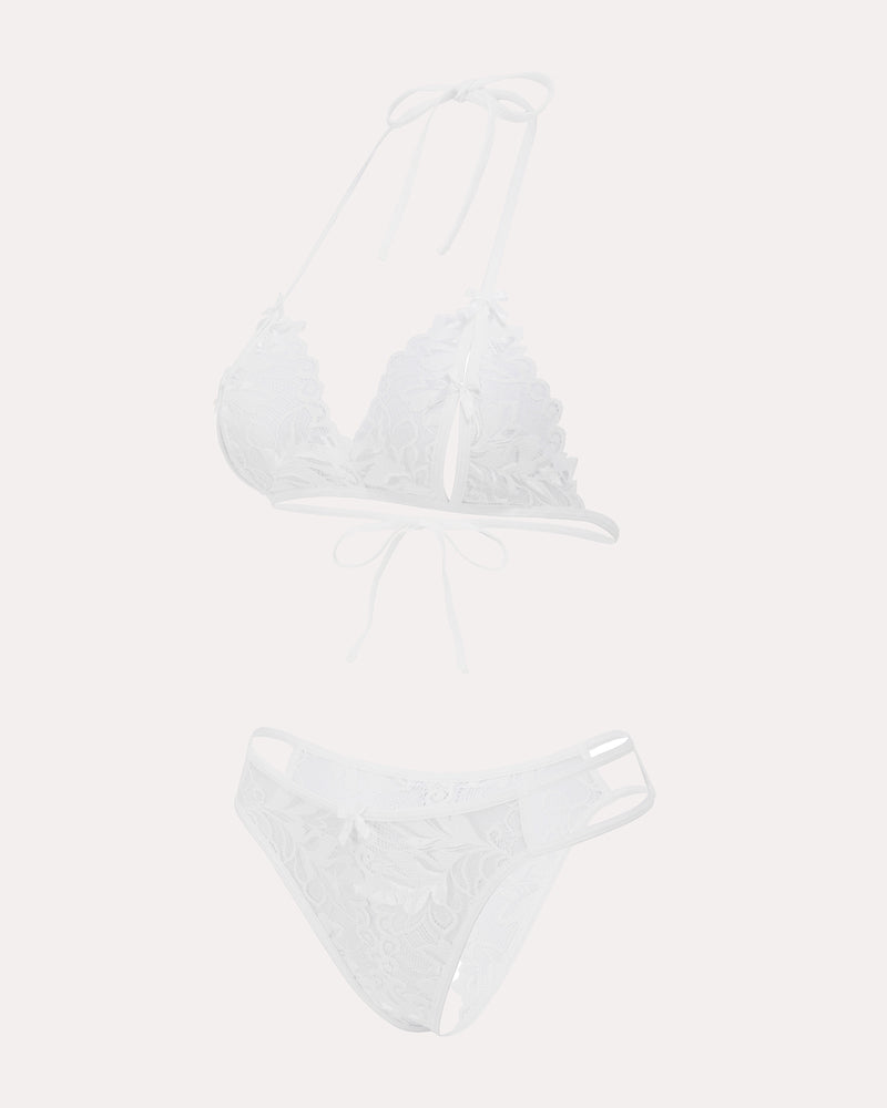 White lace halter bra and panty set. Floral design, halter tie, 2-piece lingerie set.