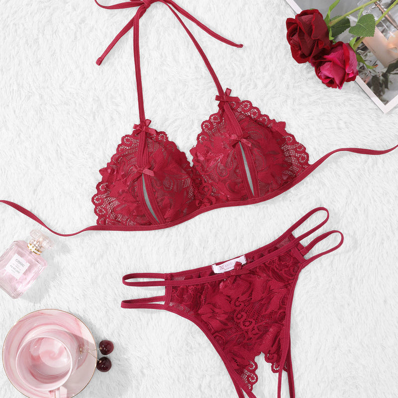 Red lace halter bra and panty set. Halter tie design, floral lace details, Avidlove lingerie.