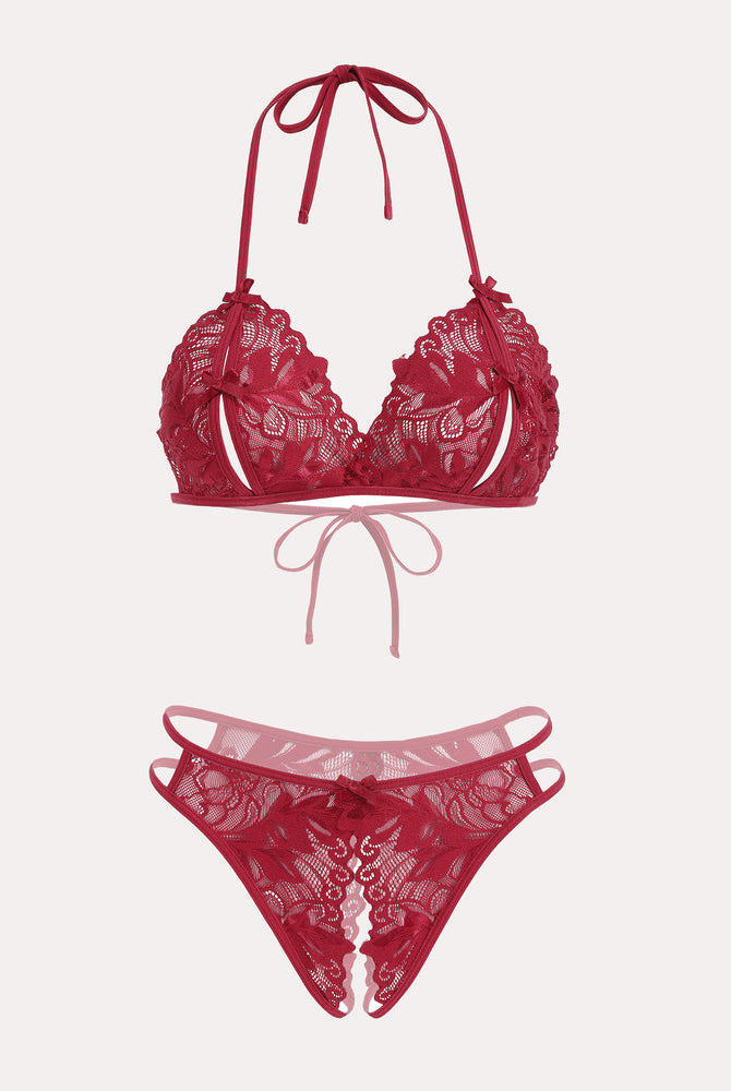Red lace halter bra and panty set. Floral lace, halter tie, and cut-out. Avidlove sexy lingerie.