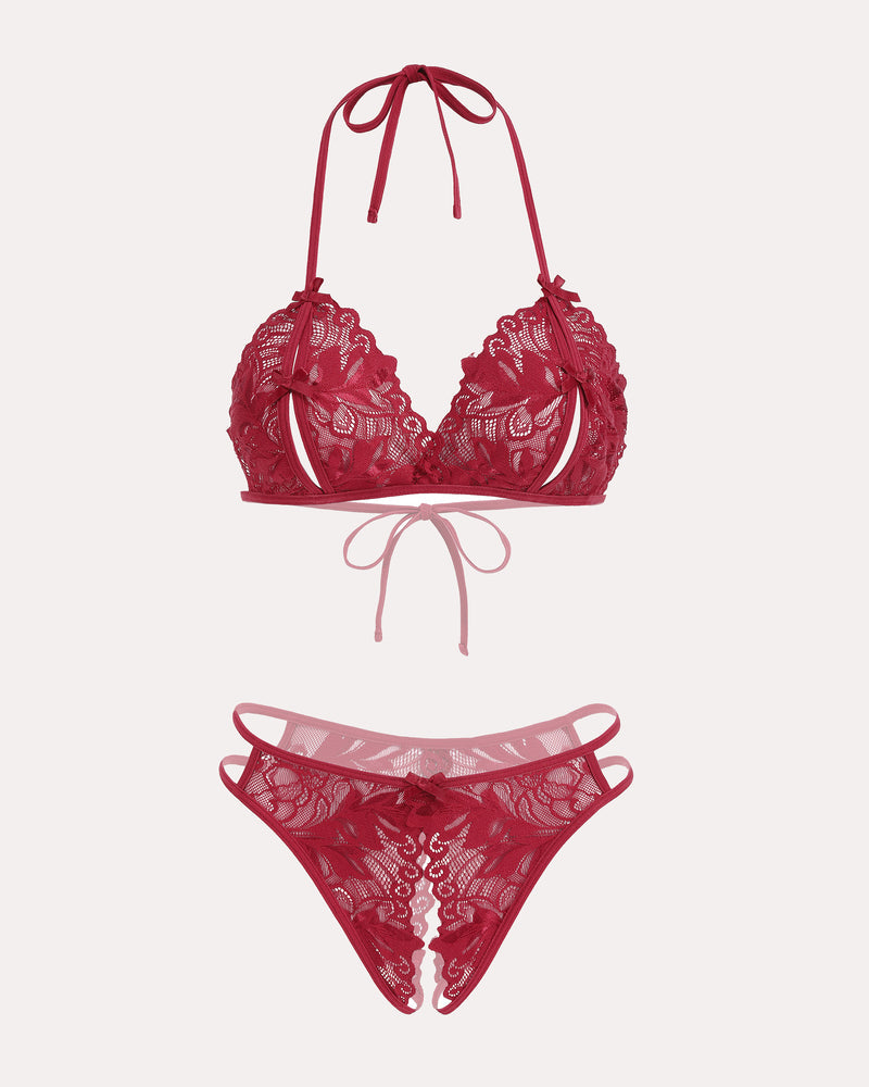 Red lace halter bra and panty set. Floral lace, halter tie, and cut-out. Avidlove sexy lingerie.