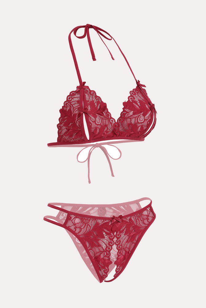 Red lace halter bra and panty set, halter tie design, floral lace details, Avidlove sexy lingerie