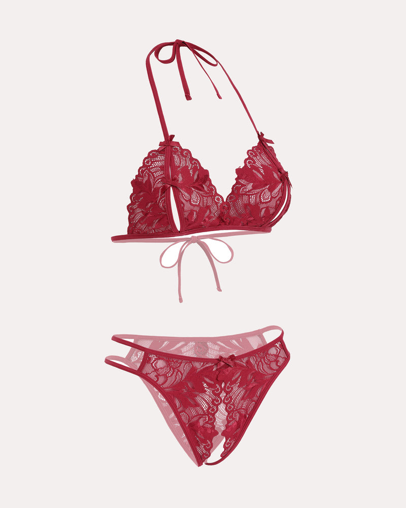 Red lace halter bra and panty set, halter tie design, floral lace details, Avidlove sexy lingerie