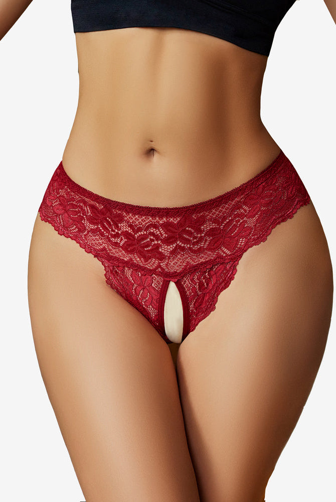 Red lace low rise hipster lingerie with open back, Avidlove, featuring detailed floral lace design.