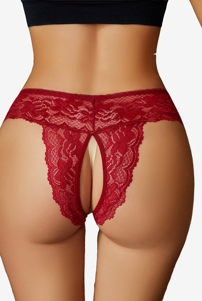 Red lace open-back hipsters, floral lace detail, Avidlove low rise, comfortable, sexy lingerie