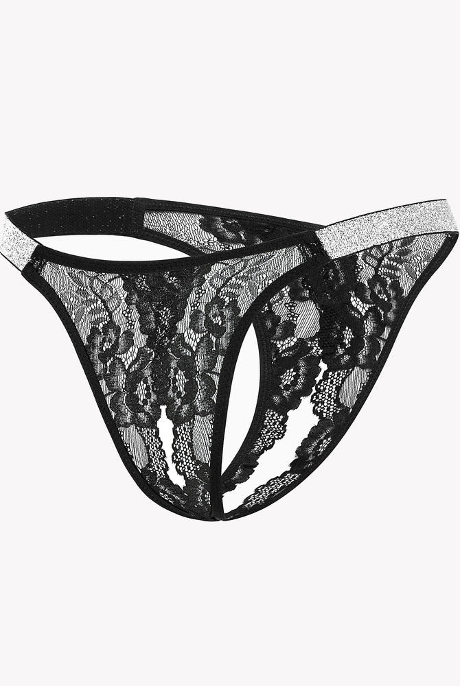 Avidlove Black lace low rise panties with shine strap, floral lace design, open back lingerie.