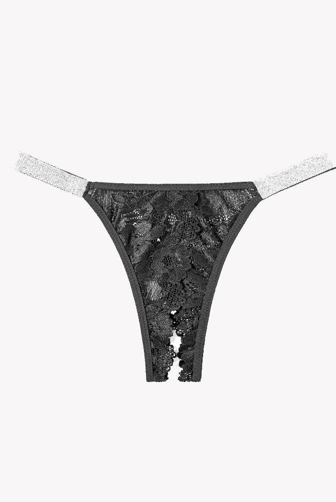 Avidlove black lace low rise panties with shine straps, showcasing floral lace detail and open back.