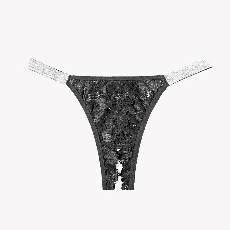 Avidlove black lace low rise panties with shine straps, showcasing floral lace detail and open back.