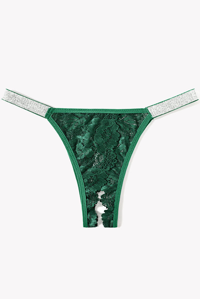 Emerald green lace low rise panties with shine straps, floral lace detail, and open back.