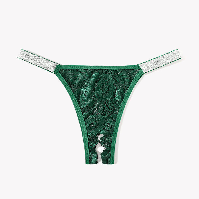 Emerald green lace low rise panties with shine straps, floral lace detail, and open back.