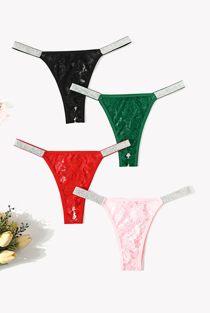 Avidlove low rise lace panties set in black, green, red, and pink floral lace with rhinestone straps