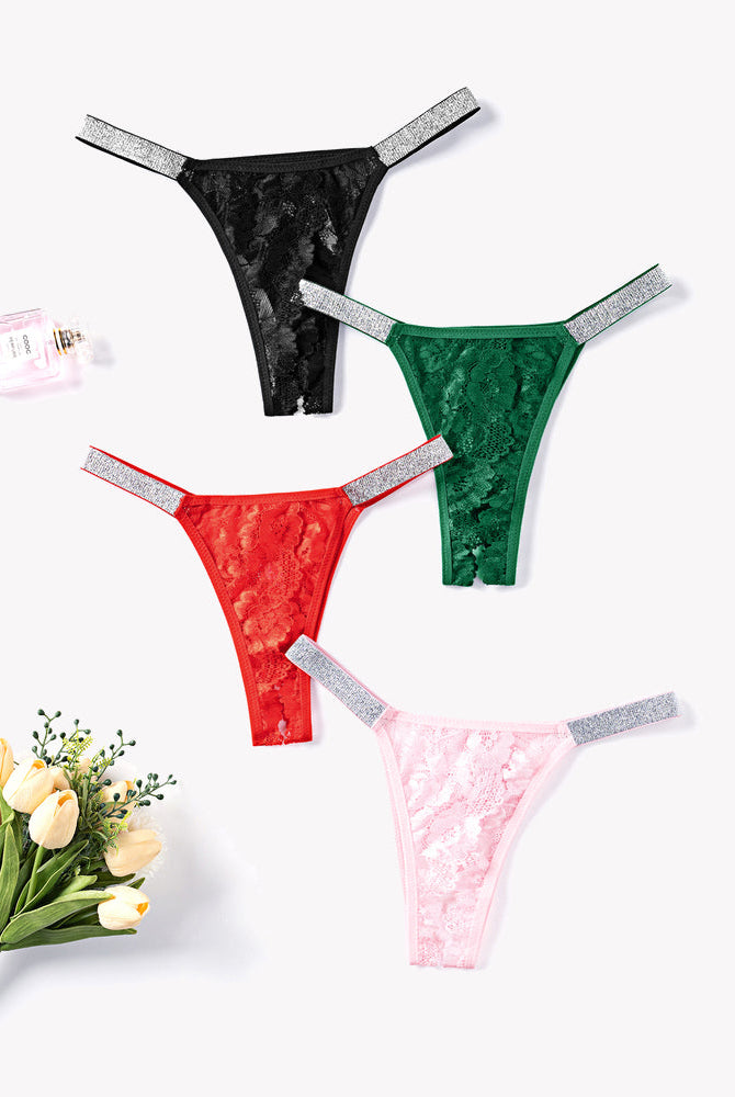 Avidlove floral lace panties with rhinestone straps in black, red, green, and pink