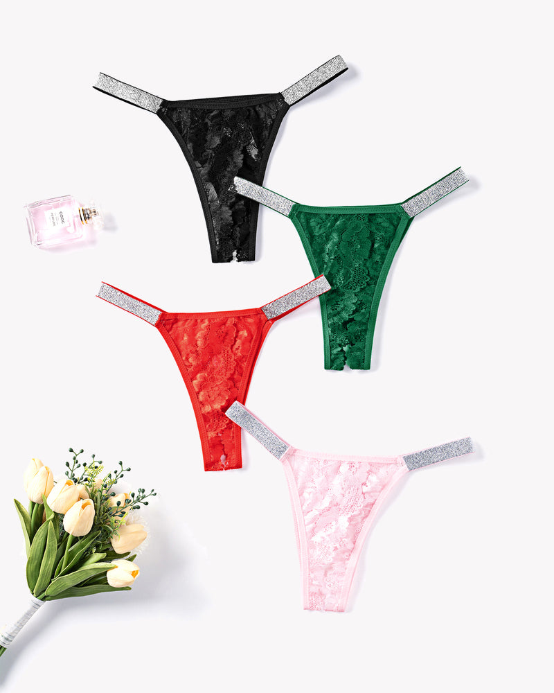 Avidlove floral lace panties with rhinestone straps in black, red, green, and pink