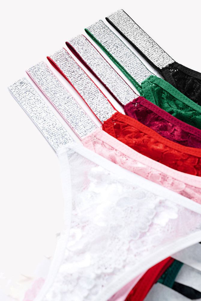 Avidlove low rise lace panties with rhinestone straps in various colors, floral lace design