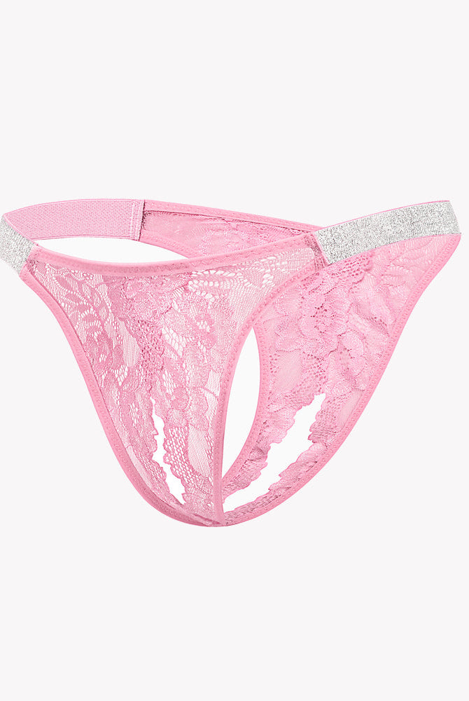 Avidlove pink floral lace low rise panties with shine strap and open back design, sexy lingerie