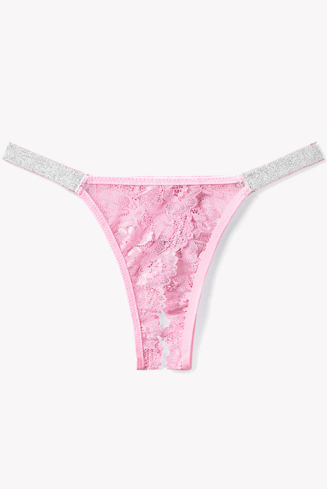 Pink floral lace low rise thong panty with rhinestone straps - Avidlove sexy lingerie