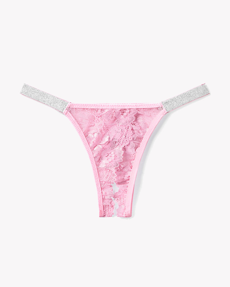 Pink floral lace low rise thong panty with rhinestone straps - Avidlove sexy lingerie
