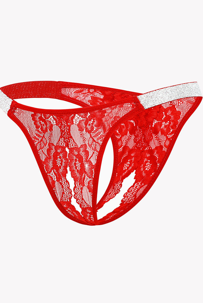 Red floral lace Avidlove low rise thong panty with shine strap and open back design, sexy lingerie