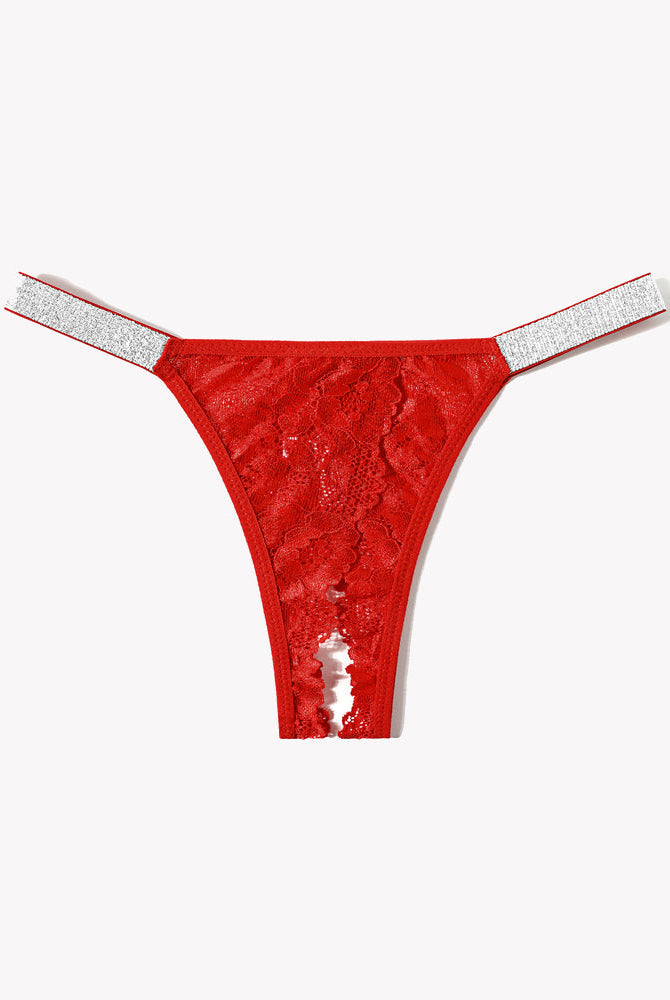 Avidlove red floral lace low rise thong panty with rhinestone strap and open back, sexy lingerie