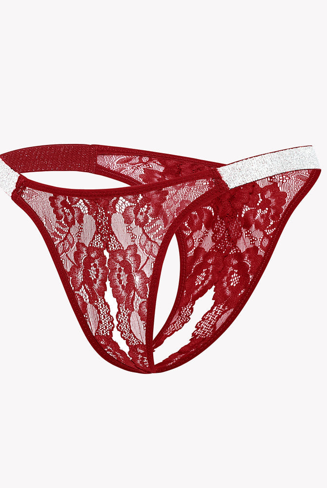 Avidlove red lace low rise thong panty with rhinestone strap, open back, sexy lingerie
