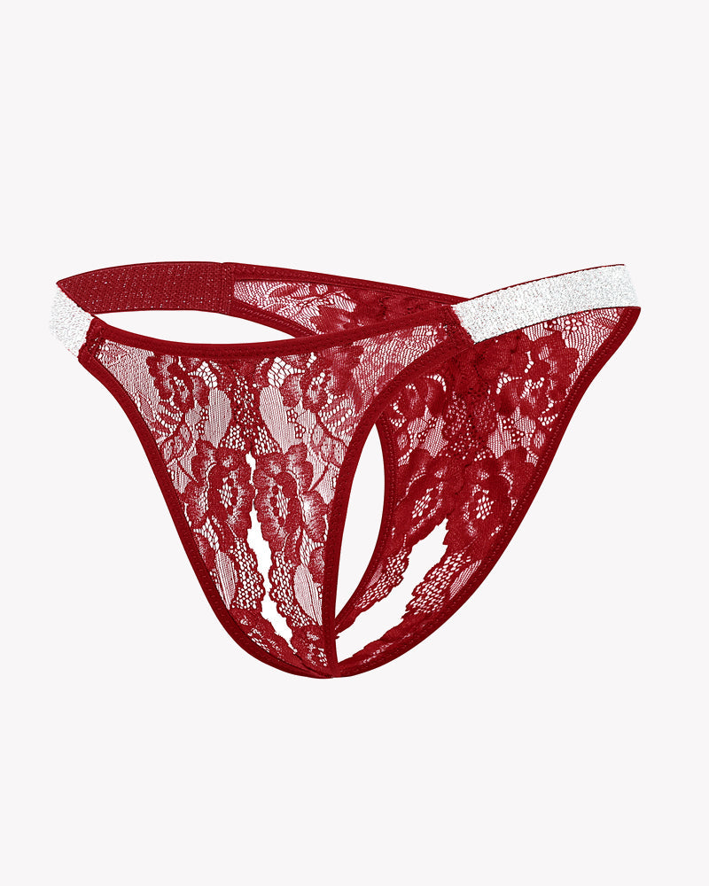 Avidlove red lace low rise thong panty with rhinestone strap, open back, sexy lingerie