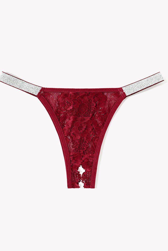 Avidlove red floral lace low rise thong panty with shine strap, open back, sexy lingerie