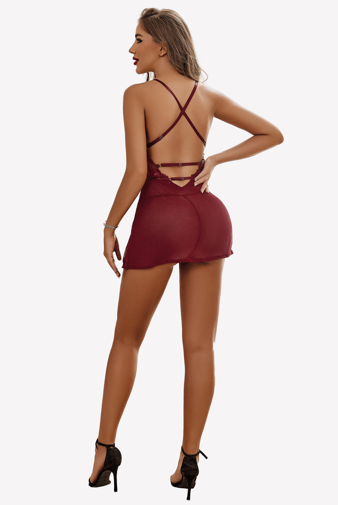 Burgundy lace chemise dress with adjustable straps, high slit and thong, perfect for romantic wear.