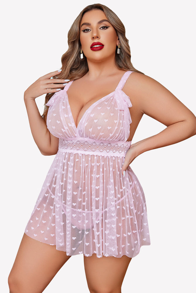 Plus Size Pink Heart Print Sheer Nightie with Lace Detail. Sexy lingerie for women