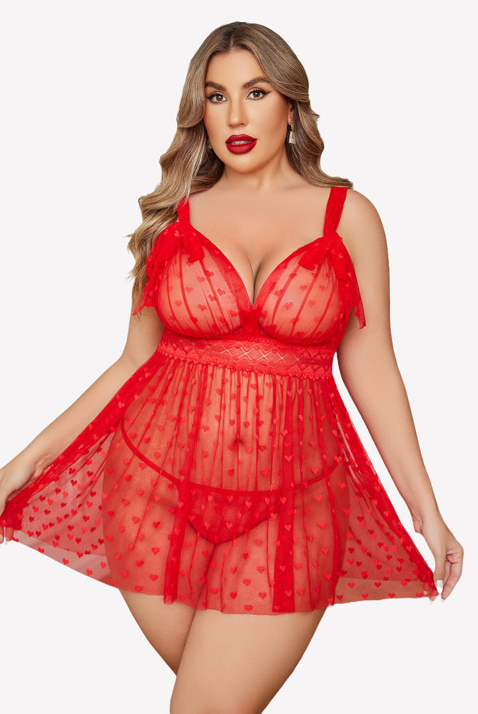 Plus Size Red Heart Print Sheer Babydoll Nightie with Lace Detail