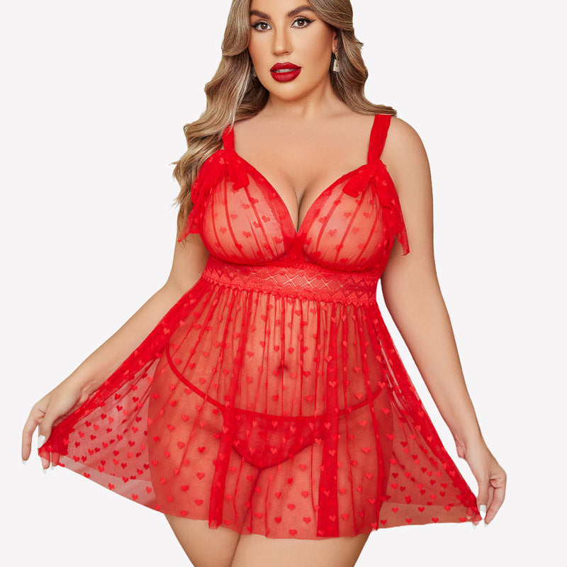 Plus Size Red Heart Print Sheer Babydoll Nightie with Lace Detail